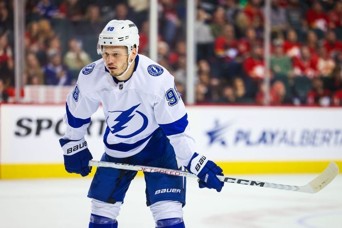 Dec 16, 2023; Calgary, Alberta, CAN; Tampa Bay Lightning defenseman Mikhail Sergachev (98) during the face off against the Calgary Flames during the third period at Scotiabank Saddledome.
