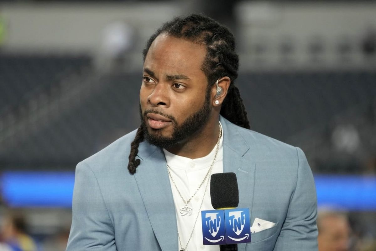 Aug 19, 2022; Inglewood, California, USA; Richard Sherman on the Amazon Prime Thursday Night Football set before the game between the Los Angeles Rams and the Houston Texans  at SoFi Stadium.