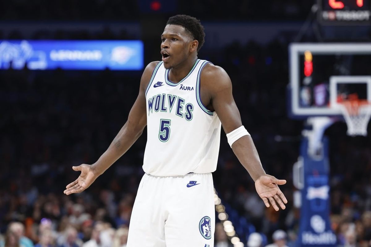 Jan 29, 2024; Oklahoma City, Oklahoma, USA; Minnesota Timberwolves guard Anthony Edwards (5) reacts after a play against the Oklahoma City Thunder during the second half at Paycom Center.