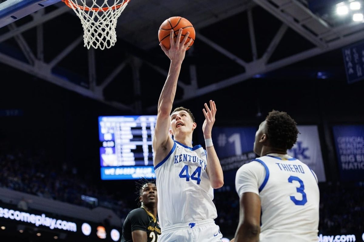 Mar 6, 2024; Lexington, Kentucky, USA; Kentucky Wildcats forward Zvonimir Ivisic (44) attempts a lay up during the second half against the Vanderbilt Commodores at Rupp Arena at Central Bank Center.