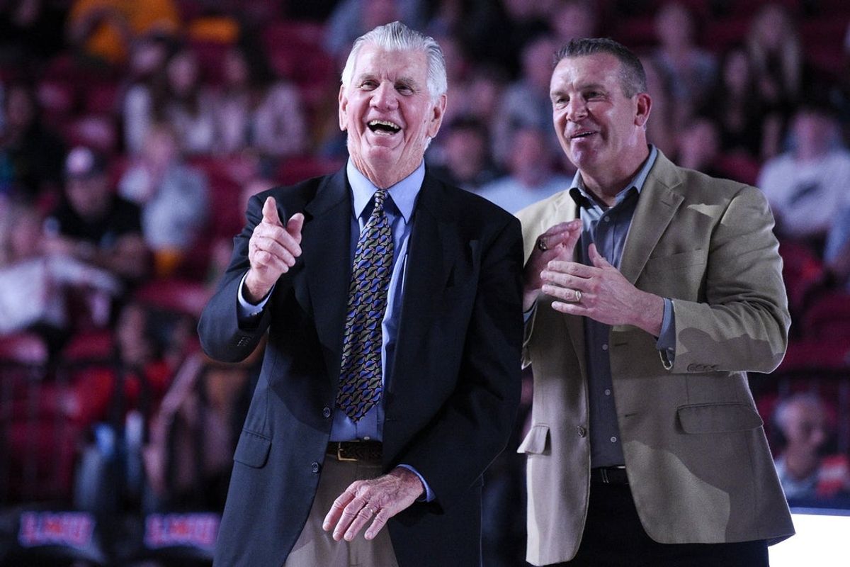 Feb 29, 2020; Los Angeles, California, USA; Former Loyola Marymount lions basketball head coach Paul Westhead reacts during a halftime ceremony while Bo Kimble speaks at Gersten Pavilion. Mandatory Credit: Kelvin Kuo-Imagn Images