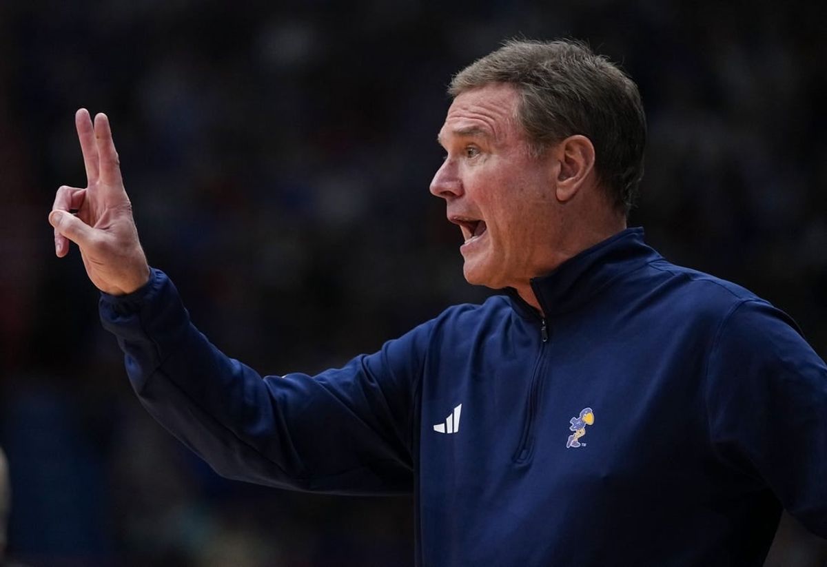 Jan 13, 2024; Lawrence, Kansas, USA; Kansas Jayhawks head coach Bill Self calls a play during the first half against the Oklahoma Sooners at Allen Fieldhouse.