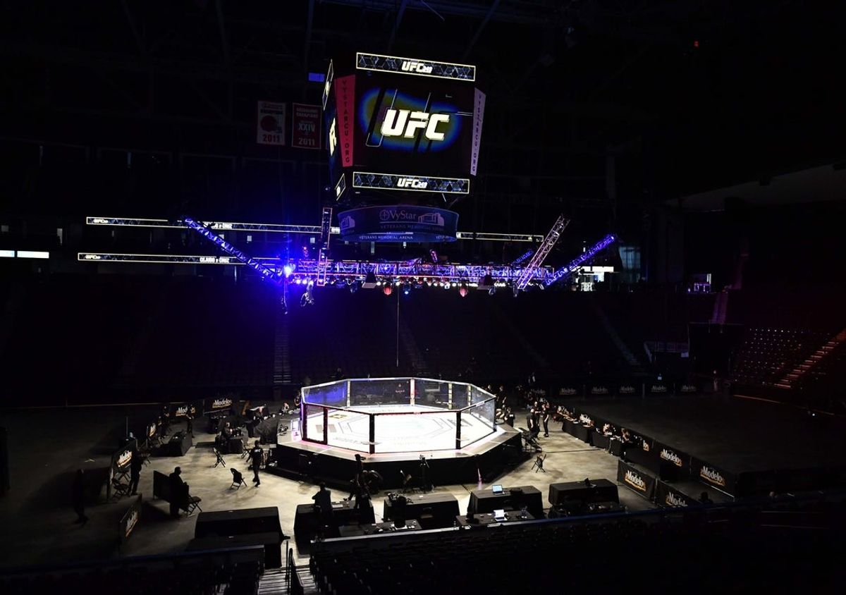 May 9, 2020; Jacksonville, Florida, USA; A general view of the empty octagon before UFC 249 at VyStar Veterans Memorial Arena. Mandatory Credit: Jasen Vinlove-Imagn Images