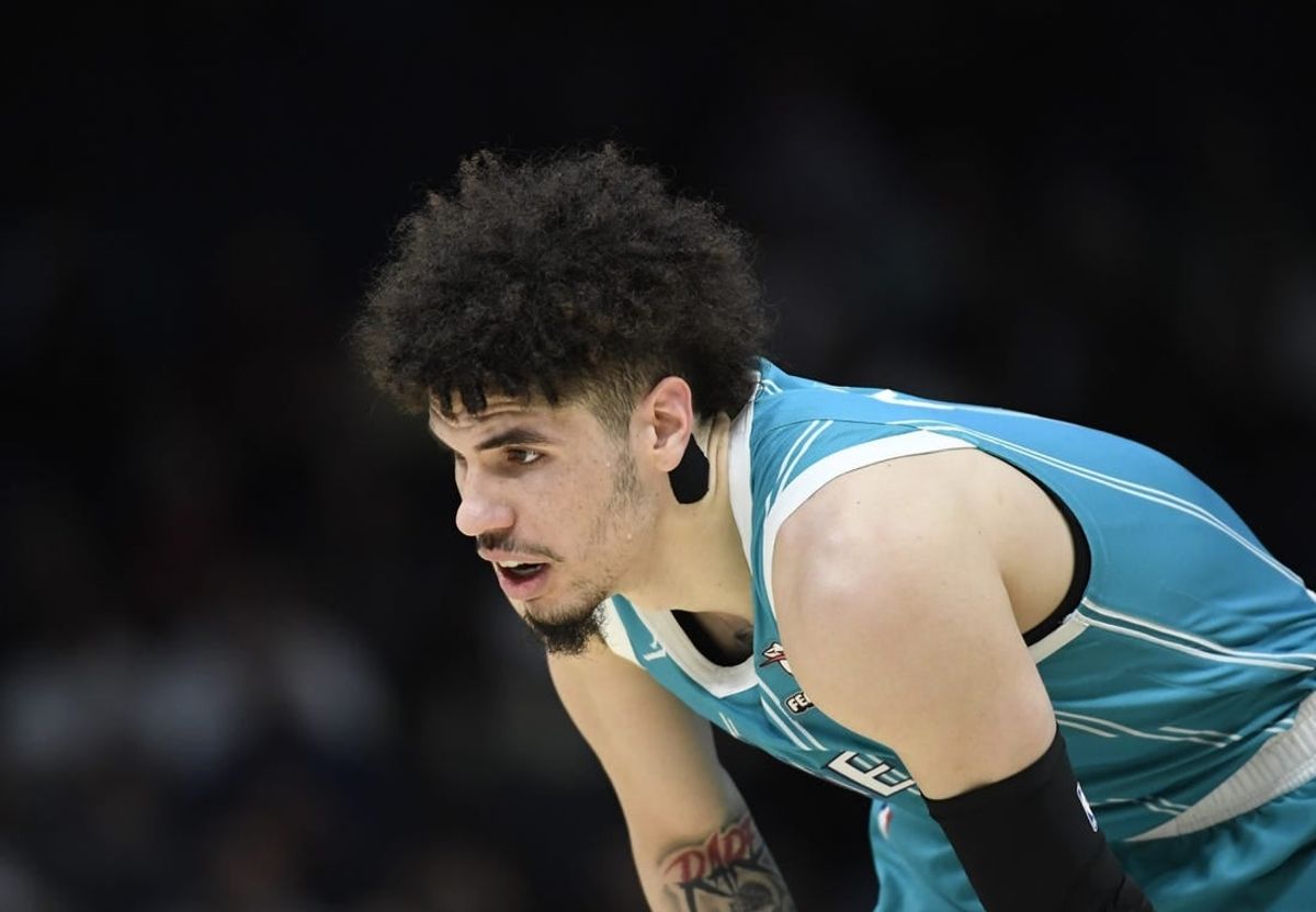 Nov 20, 2023; Charlotte, North Carolina, USA; Charlotte Hornets guard LaMelo Ball (1) in a time out during the first half against the Boston Celtics at the Spectrum Center.