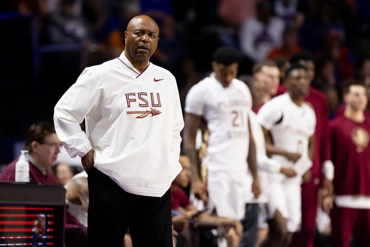 Nov 17, 2023; Gainesville, Florida, USA; Florida State Seminoles head coach Leonard Hamilton looks on during the first half against the Florida Gators at Exactech Arena at the Stephen C. O'Connell Center.