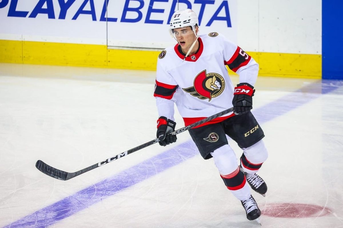 Mar 12, 2023; Calgary, Alberta, CAN; Ottawa Senators center Shane Pinto (57) skates during the warmup period against the Calgary Flames at Scotiabank Saddledome.