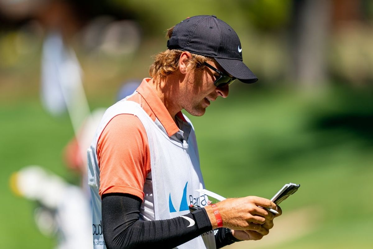Jul 31, 2020; Truckee, CA, USA; Caddie Austin Gaugert during the second round of the Barracuda Championship golf tournament at Old Greenwood. Mandatory Credit: Andrew Wevers-Imagn Images