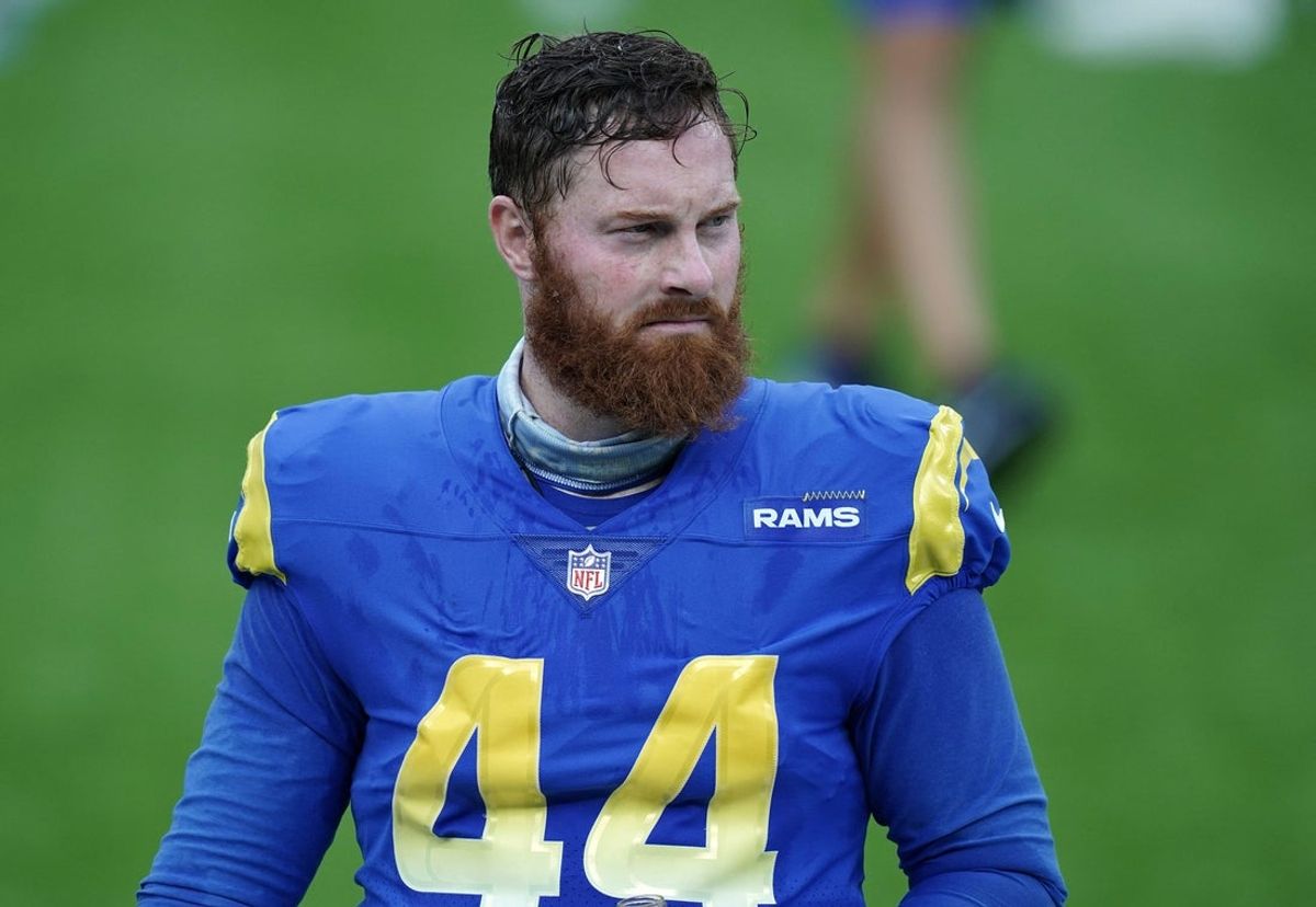 Aug 22, 2020; Inglewood California, USA; Los Angeles Rams long snapper Jake McQuaide (44) during a scrimmage at SoFi Stadium. Mandatory Credit: Kirby Lee-Imagn Images