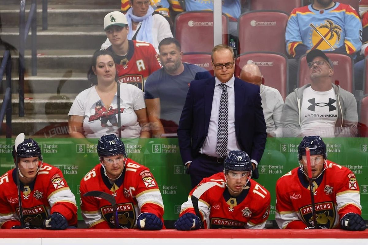Mar 28, 2024; Sunrise, Florida, USA; Florida Panthers head coach Paul Maurice looks on from the bench against the New York Islanders during the third period at Amerant Bank Arena.