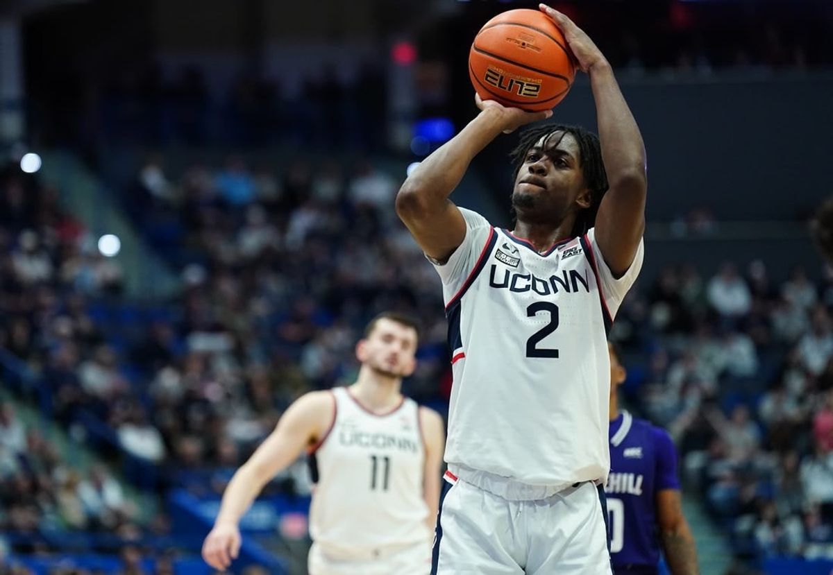 Nov 11, 2023; Hartford, Connecticut, USA; UConn Huskies guard Tristen Newton (2) shoots a free throw against the Stonehill Skyhawks in the second half at XL Center.