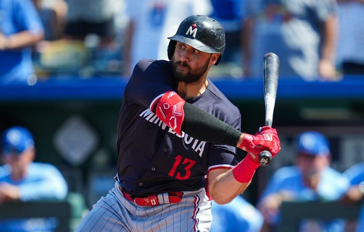 Jul 30, 2023; Kansas City, Missouri, USA; Minnesota Twins left fielder Joey Gallo (13) bats during the ninth inning against the Kansas City Royals at Kauffman Stadium.