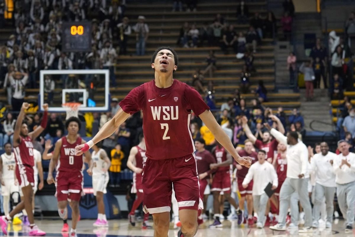 Jan 20, 2024; Berkeley, California, USA; Washington State Cougars guard Myles Rice (2) reacts after making a three point basket to force overtime against the California Golden Bears during the second half at Haas Pavilion.