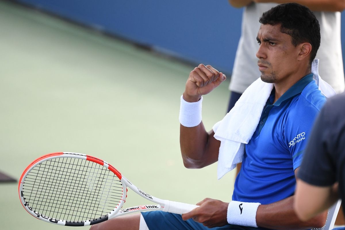 Sep 1, 2020; Flushing Meadows, New York, USA; Thiago Monteiro of Brazil reacts during a changeover after winning a game against Felix Auger-Aliassime of Canada (not pictured) on day two of the 2020 U.S. Open tennis tournament at USTA Billie Jean King National Tennis Center. Mandatory Credit: Danielle Parhizkaran-USA TODAY Sports
