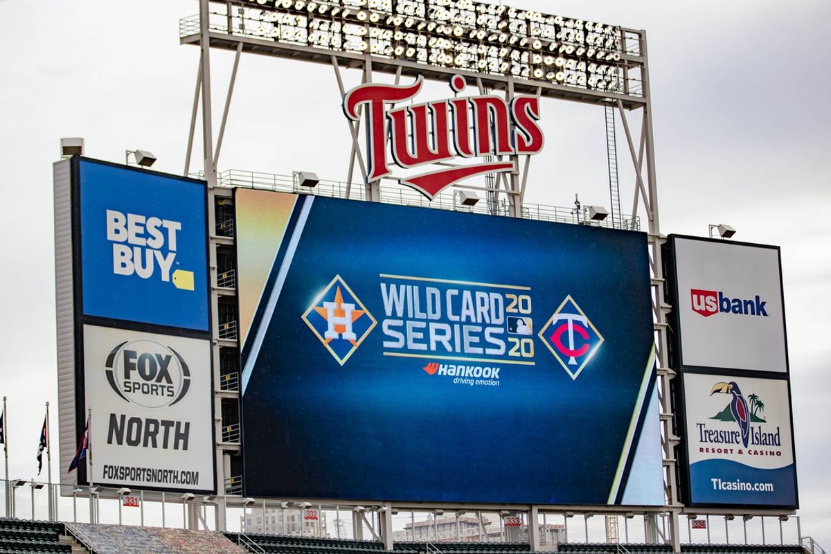 Sep 29, 2020; Minneapolis, Minnesota, USA; A general view of the scoreboard before a game between the Houston Astros and Minnesota Twins at Target Field. Mandatory Credit: Jesse Johnson-Imagn Images