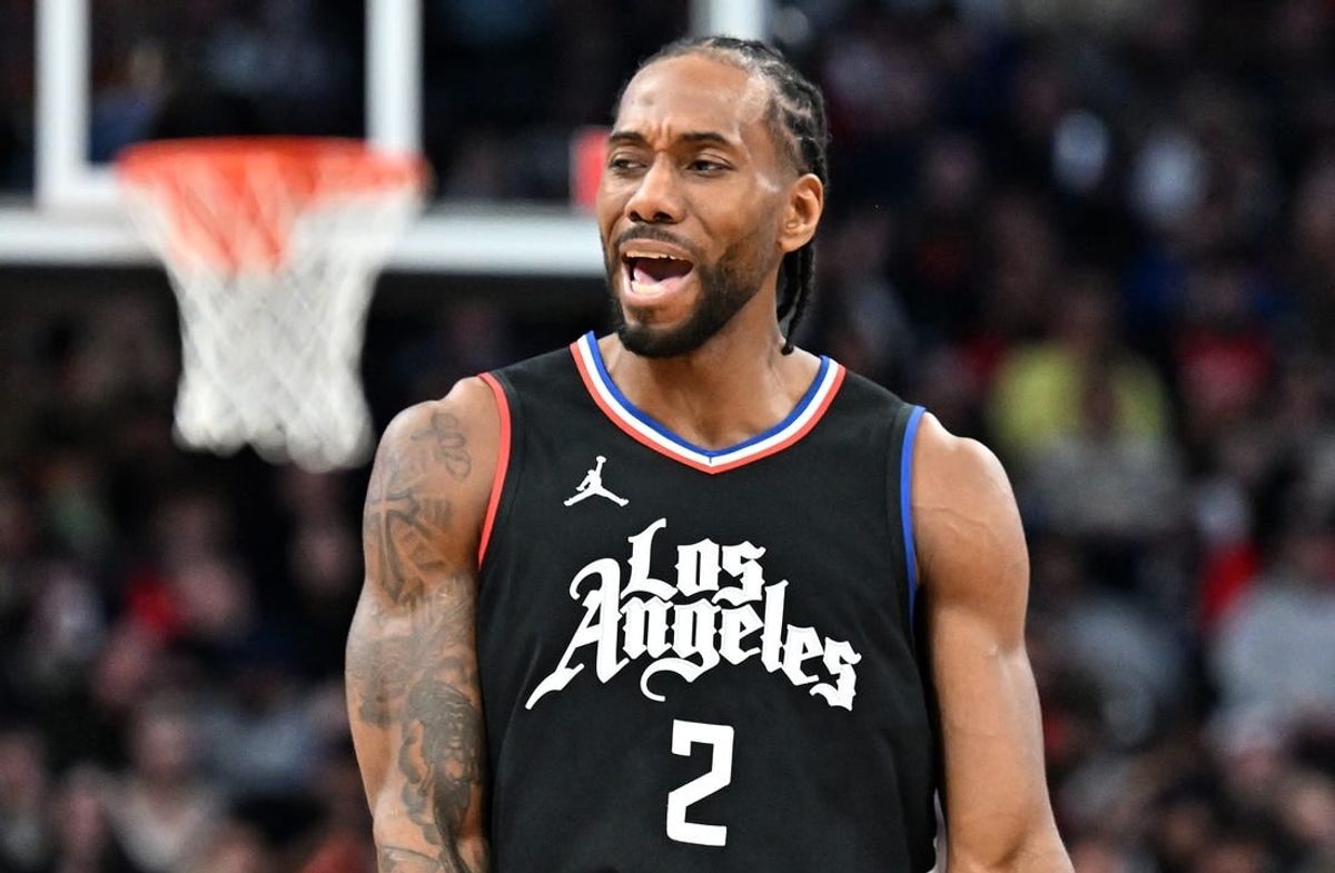Jan 26, 2024; Toronto, Ontario, CAN;   Los Angeles Clippers forward Kawhi Leonard (2) reacts to an official's call in the second half against the Toronto Raptors at Scotiabank Arena.