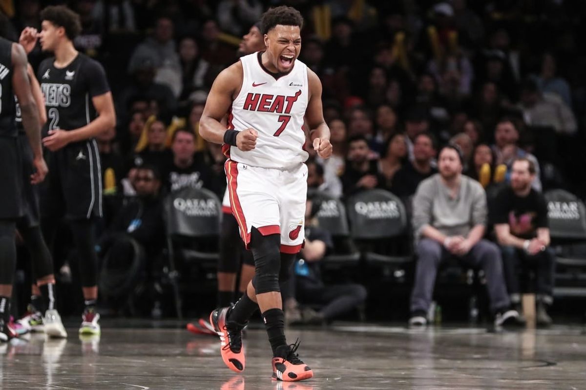 Jan 15, 2024; Brooklyn, New York, USA;  Miami Heat guard Kyle Lowry (7) reacts after scoring in the third quarter against the Brooklyn Nets at Barclays Center.