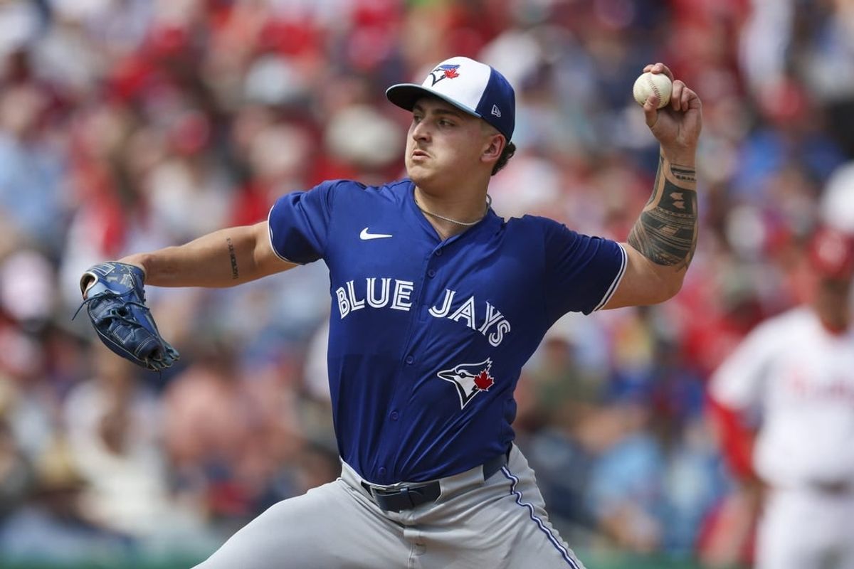 Mar 9, 2024; Clearwater, Florida, USA;  Toronto Blue Jays pitcher Ricky Tiedemann (70) throws a pitch against the Philadelphia Phillies in the second inning at BayCare Ballpark.
