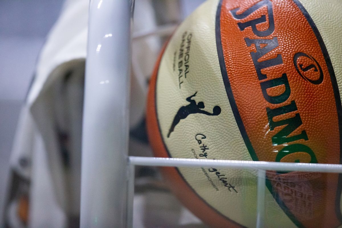 Sep 29, 2020; Bradenton, Florida, USA; A game ball waits on a sanitation cart during game 5 of the WNBA semifinals between the Connecticut Suns and the Las Vegas Aces at IMG Academy. Mandatory Credit: Mary Holt-USA TODAY Sports