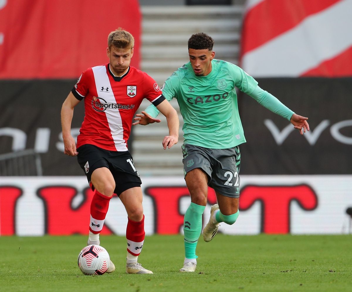 Oct 25, 2020; Southhampton, England, UK;  Southampton's Stuart Armstrong (red) during an English Premier League match at St. Mary's Stadium.  Mandatory Credit: Stuart Martin-USA TODAY NETWORK