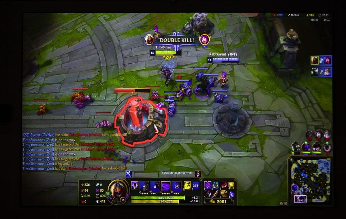 The Central team (blue) went in for the kill against Shawnee's (red) Inhibitor Turret during the final battle at the JCPS esports championship game of League of Legends on Friday, Jan. 24, 2020 at Camp Edwards Gym. Central won, 2-0, to take the championship.
