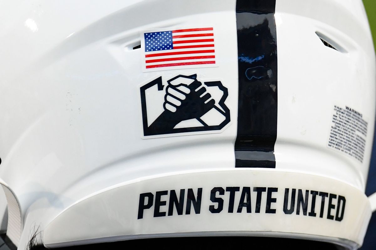Nov 21, 2020; University Park, Pennsylvania, USA; Detailed view of the Penn State Nittany Lions Unity logo on a helmet prior to the game against the Iowa Hawkeyes at Beaver Stadium. Mandatory Credit: Rich Barnes-USA TODAY Sports
