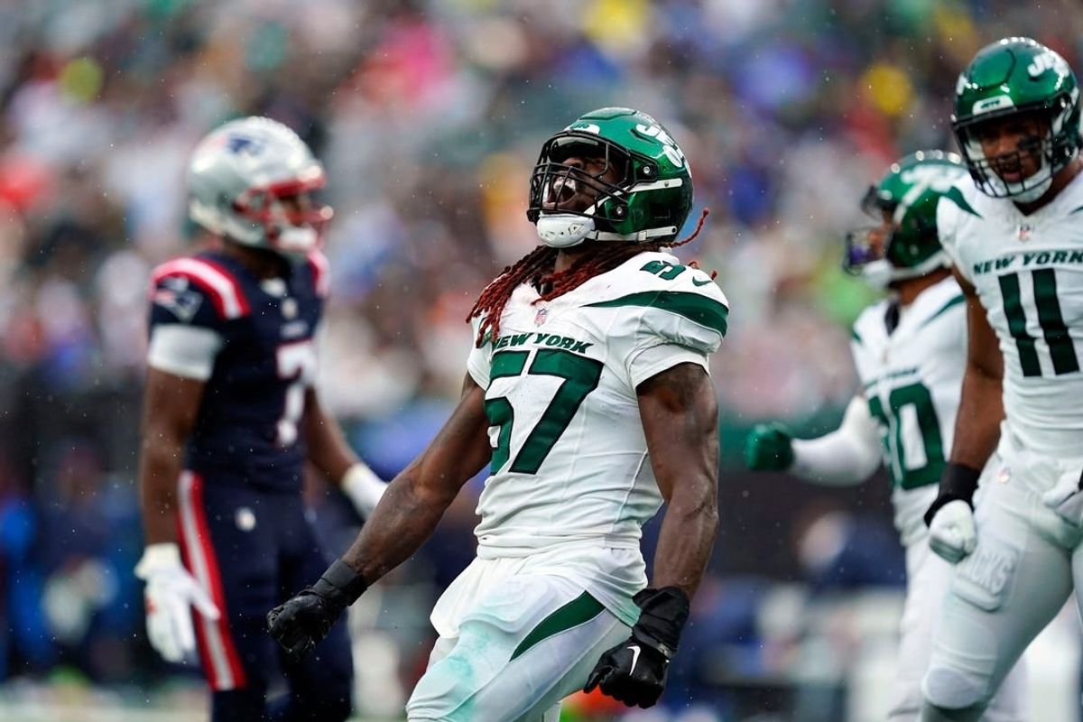 New York Jets linebacker C.J. Mosley (57) reacts after a tackle against the New England Patriots in the second half. The Jets lose to the Patriots, 15-10, at MetLife Stadium on Sunday, Sept. 24, 2023, in East Rutherford.