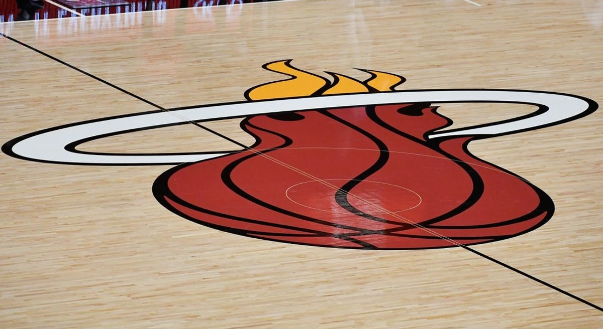 Dec 14, 2020; Miami, Florida, USA; A general view of the Miami Heat logo mid court prior to the game between the Miami Heat and the New Orleans Pelicans at American Airlines Arena. Mandatory Credit: Jasen Vinlove-Imagn Images