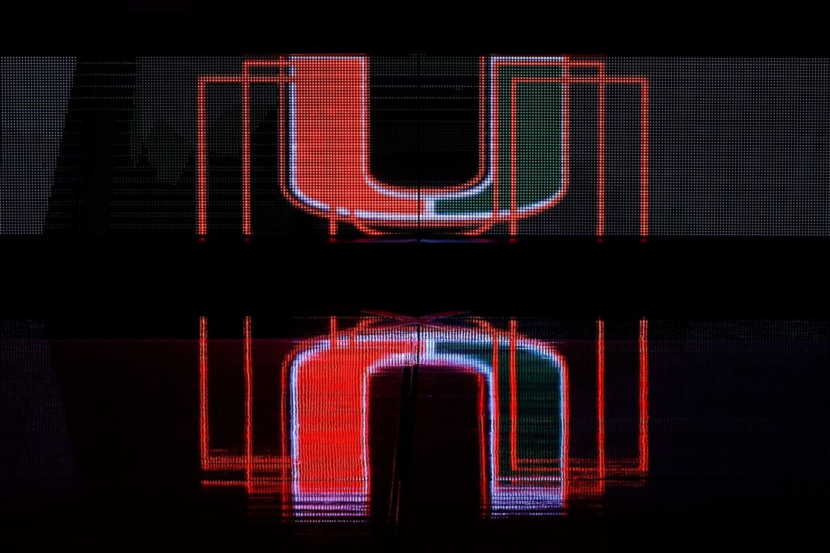 Dec 16, 2020; Coral Gables, Florida, USA; A g general view of the Miami Hurricanes logo on the scorers table prior to the game between the Miami Hurricanes and the Pittsburgh Panthers at Watsco Center. Mandatory Credit: Jasen Vinlove-Imagn Images