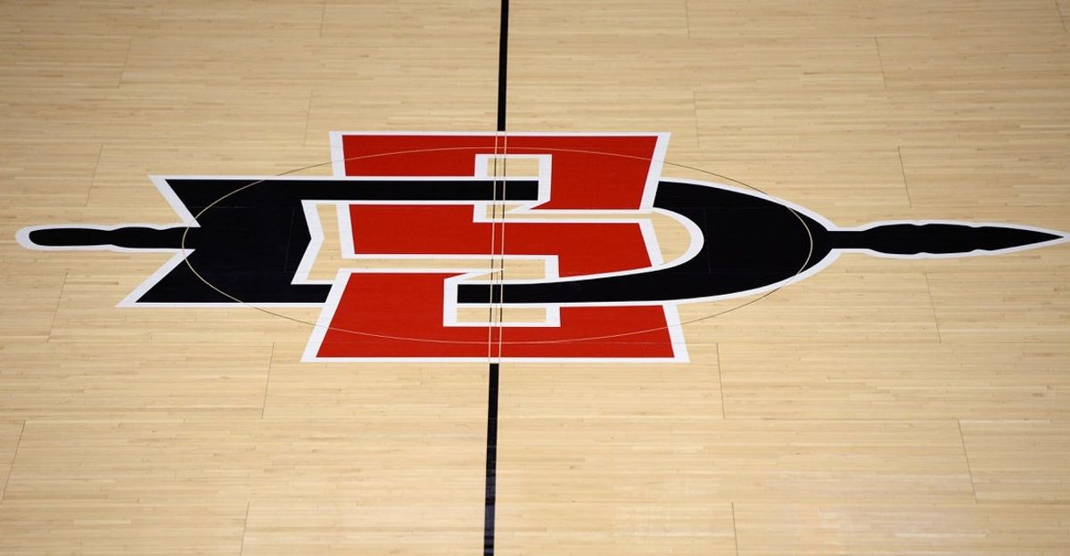 Dec 18, 2020; San Diego, California, USA; A detailed view of the San Diego State Aztecs logo at midcourt before the game against the Brigham Young Cougars at Viejas Arena. Mandatory Credit: Orlando Ramirez-Imagn Images