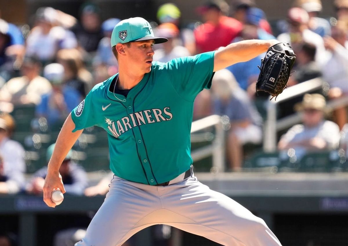 Seattle Mariners starting pitcher Emerson Hancock throws to the Arizona Diamondbacks in the first inning during a spring training game at Salt River Fields on March 22, 2024.