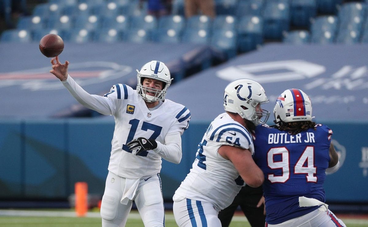 Colts quarterback Philip Rivers steps into a throw over the middle of the field.

Jg 010921 Bills 23