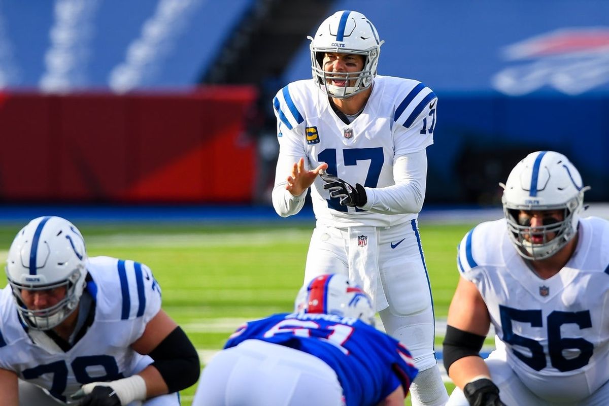 Jan 9, 2021; Orchard Park, New York, USA; Indianapolis Colts quarterback Philip Rivers (17) in action against the Buffalo Bills during the second quarter of a AFC Wild Card game at Bills Stadium. Mandatory Credit: Rich Barnes-Imagn Images