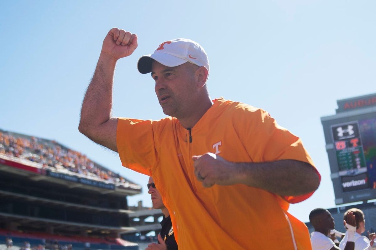 Tennessee Head Coach Jeremy Pruitt runs off the field after a game between Tennessee and Auburn at Jordan-Hare Stadium in Auburn, Ala. Saturday, Oct. 13, 2018. Tennessee defeated Auburn 30-24.

Auburntennessee1013 1831 RANK 10