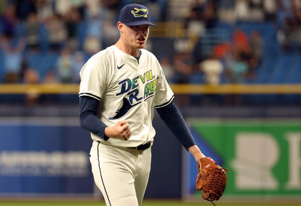 Apr 12, 2024; St. Petersburg, Florida, USA; Tampa Bay Rays pitcher Pete Fairbanks (29) celebrates after they beat the San Francisco Giants at Tropicana Field.