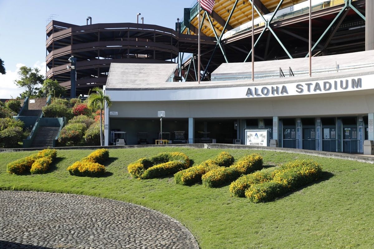 Jan 31, 2021; Honolulu, Hawaii, USA;The exterior of Aloha Stadium is seen before the Hula Bowl. Mandatory Credit: Marco Garcia-Imagn Images