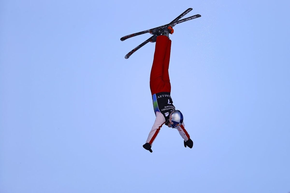 Feb 6, 2021; Park City, Utah, USA; Noe Roth (SUI) competes with his jump in the finals taking first place in the men s aerials competition at Deer Valley. Mandatory Credit: Jeffrey Swinger-Imagn Images