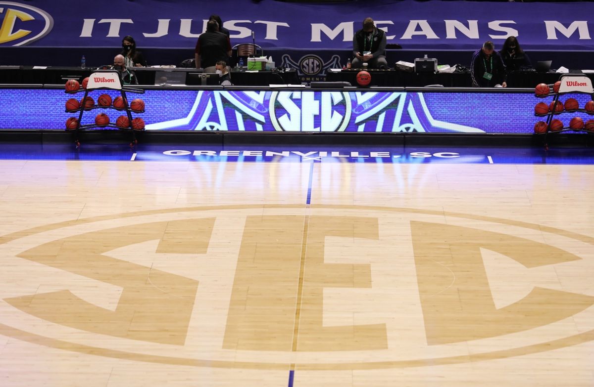 Mar 7, 2021; Greenville, SC, USA;  A view of the SEC logo mid-court prior to the matchup between the South Carolina Gamecocks and Georgia Lady Bulldogs during the SEC Conference Championship at Bon Secours Wellness Arena. Mandatory Credit: Dawson Powers-Imagn Images