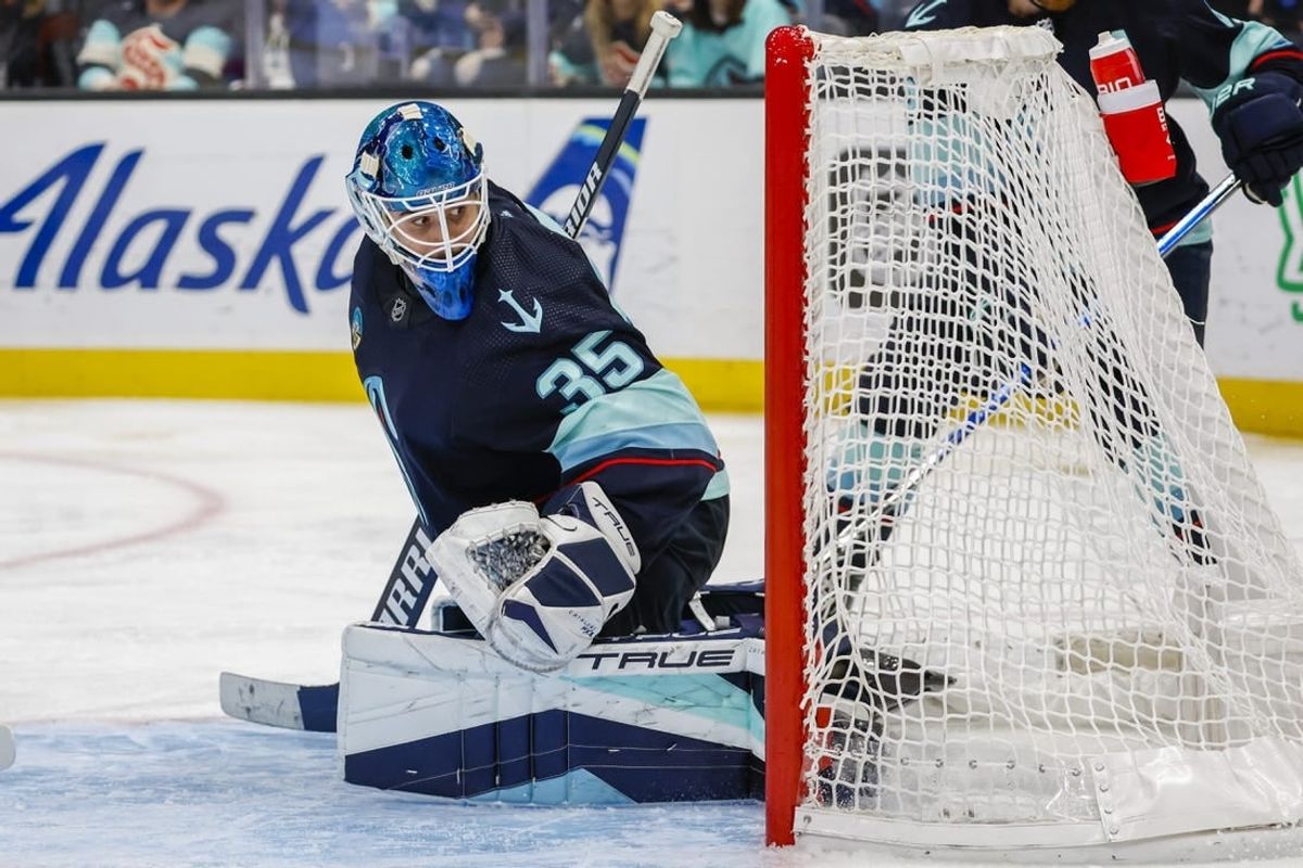 Jan 4, 2024; Seattle, Washington, USA; Seattle Kraken goaltender Joey Daccord (35) reacts to action behind the net during the third period against the Ottawa Senators at Climate Pledge Arena.