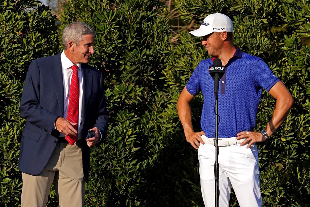 Ponte Vedra Beach, Florida, USA; PGA commissioner Jay Monahan talks with Justin Thomas during the 2021 trophy presentation after Thomas won The Players Championship golf tournament at TPC Sawgrass - Stadium Course. Mandatory Credit: Jasen Vinlove-Imagn Images