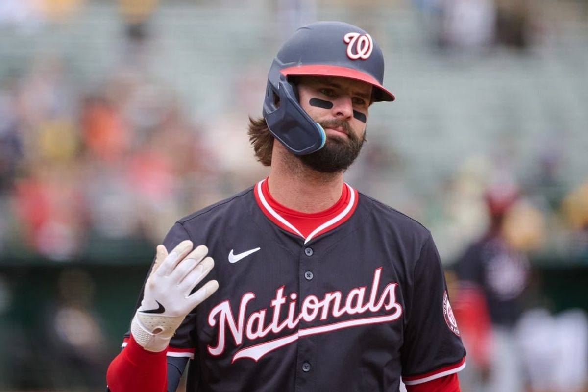 Apr 14, 2024; Oakland, California, USA; Washington Nationals outfielder Jesse Winker (6) reacts after striking out against the Oakland Athletics during the first inning at Oakland-Alameda County Coliseum.