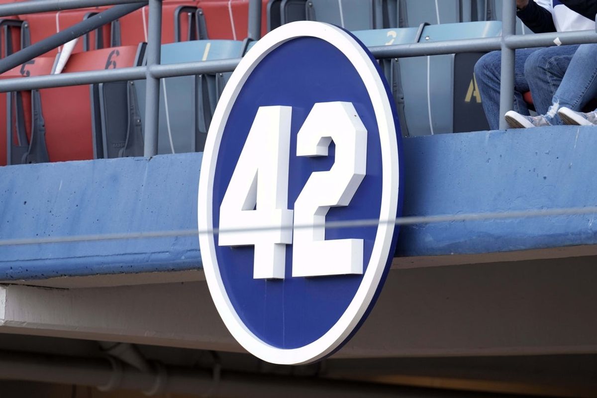 Apr 15, 2021; Los Angeles, California, USA; The retired No. 42 of Jackie Robinson is seen at Dodger Stadium before the game between the Colorado Rockies and Los Angeles Dodgers.  Mandatory Credit: Kirby Lee-Imagn Images