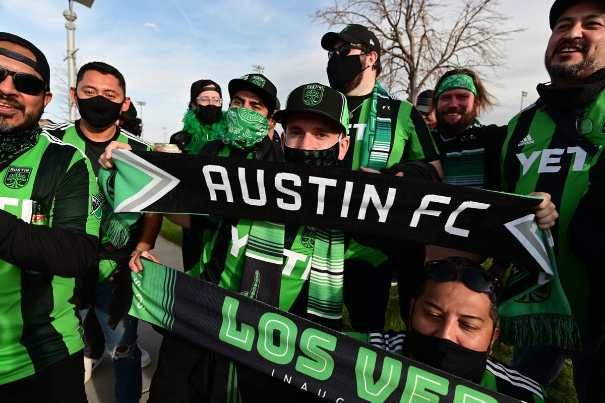 Apr 24, 2021; Commerce City, Colorado, USA; General view of Austin FC fans before the game against the Colorado Rapids at Dick's Sporting Goods Park. Mandatory Credit: Ron Chenoy-Imagn Images