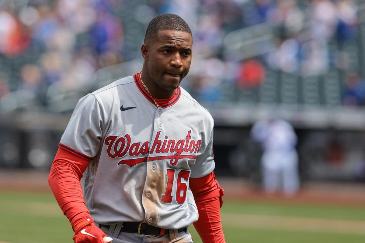 Apr 25, 2021; New York City, New York, USA; Washington Nationals center fielder Victor Robles (16) reacts after being thrown out at third base after hitting a double during the second inning inning against the New York Mets at Citi Field. Mandatory Credit: Vincent Carchietta-USA TODAY Sports
