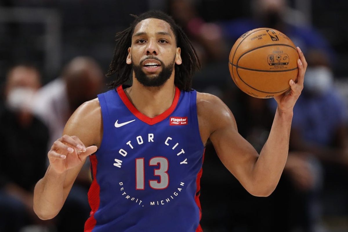 Apr 29, 2021; Detroit, Michigan, USA; Detroit Pistons center Jahlil Okafor (13) holds the ball during the fourth quarter against the Dallas Mavericks at Little Caesars Arena. Mandatory Credit: Raj Mehta-Imagn Images