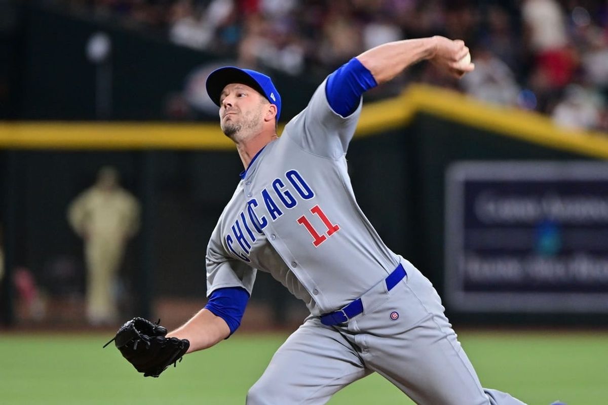 Apr 16, 2024; Phoenix, Arizona, USA; Chicago Cubs pitcher Drew Smyly (11) throws in the tenth inning against the Arizona Diamondbacks at Chase Field.