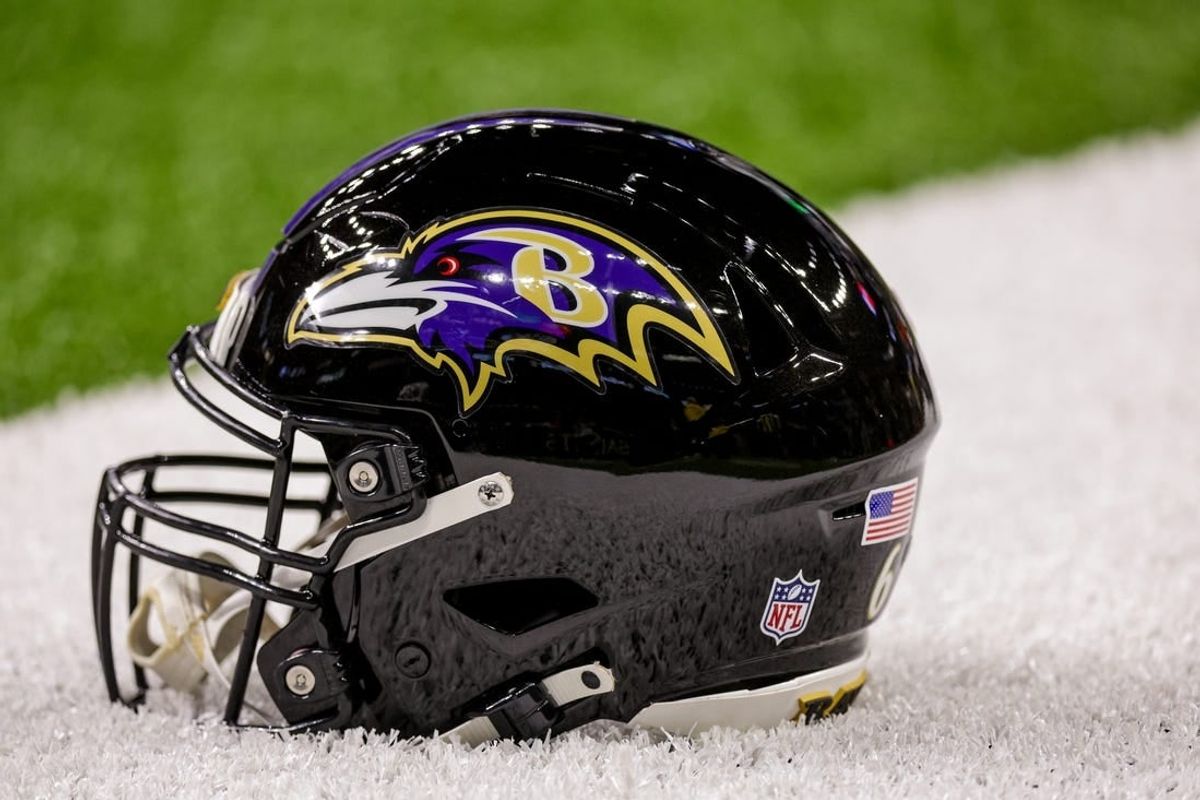 Nov 7, 2022; New Orleans, Louisiana, USA;  General view of the Baltimore Ravens helmet during the warm ups before the game against the New Orleans Saints at Caesars Superdome.