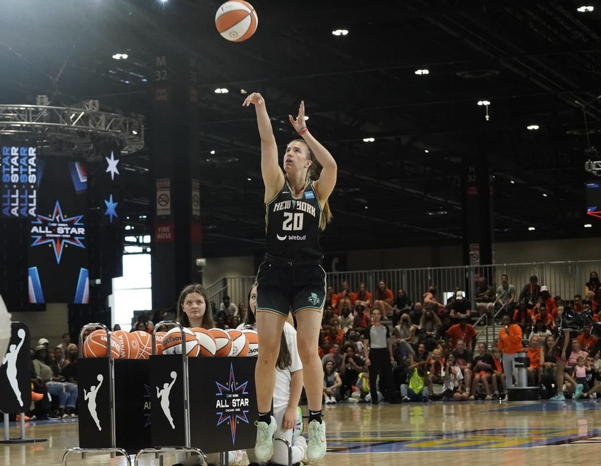 Jul 9, 2022; Chicago, Ill, USA; Sabrina Ionescu competes during the 2022 WNBA All-Star Game skills competition at Wintrust Arena.