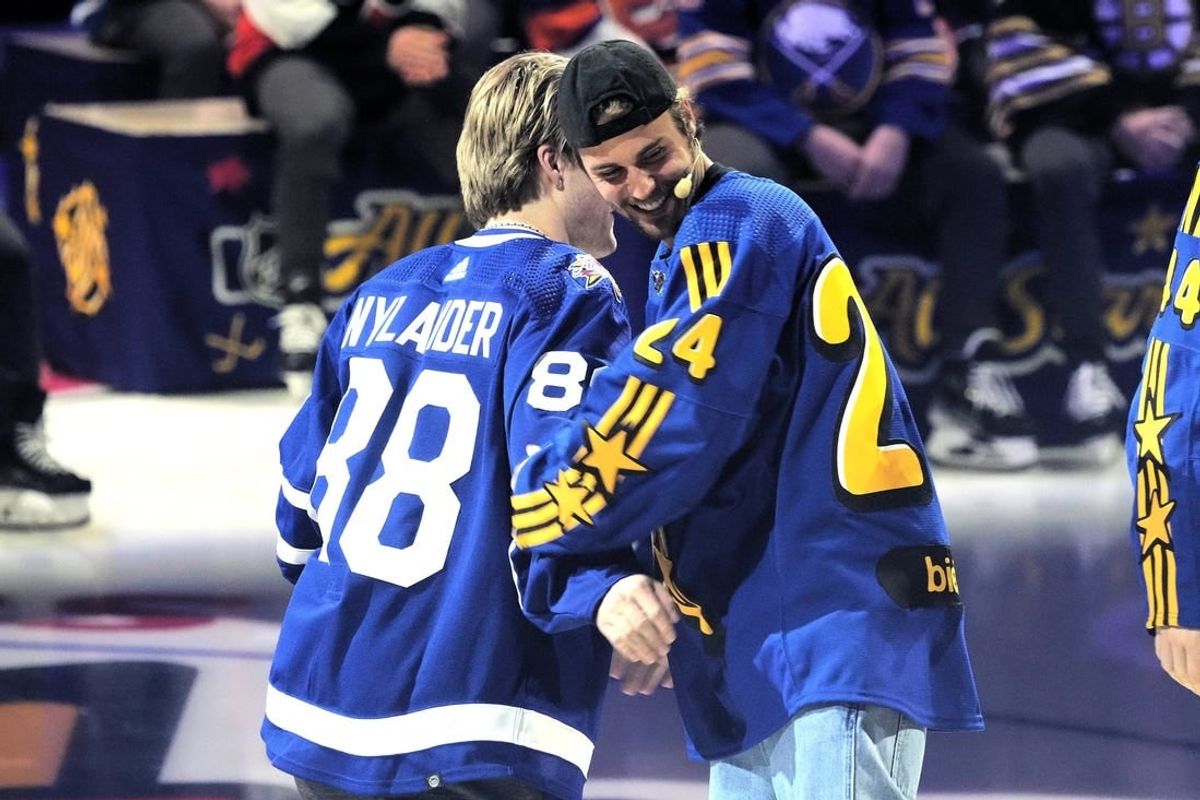 Feb 1, 2024; Toronto, Ontario, CANADA; Team Matthews celebrity Justin Bieber selects Toronto Maple Leafs forward William Nylander during the NHL All-Star Player Draft on NHL All-Star Thursday at Scotiabank Arena.