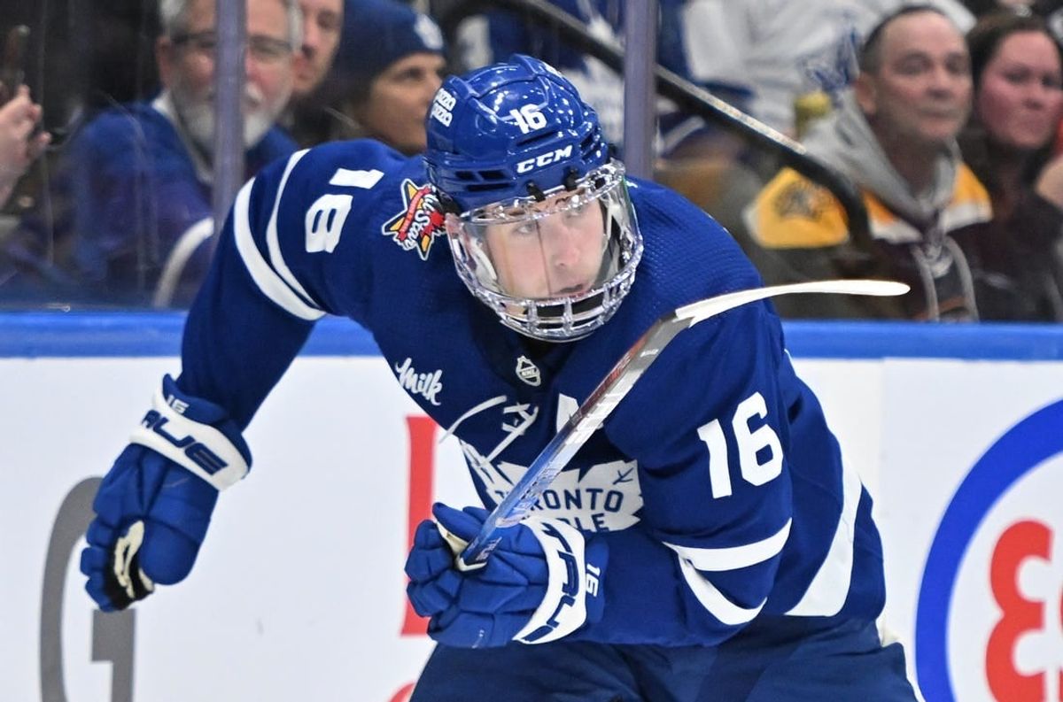 Dec 2, 2023; Toronto, Ontario, CAN; Toronto Maple Leafs forward Mitchell Marner (16) pursues the play against the Boston Bruins in the third period at Scotiabank Arena.
