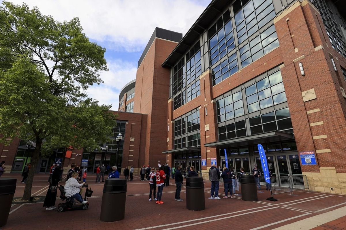 May 8, 2021; Columbus, Ohio, USA; Fans wait to enter the arena prior to the game between the Detroit Red Wings and the Columbus Blue Jackets at Nationwide Arena. Mandatory Credit: Aaron Doster-Imagn Images